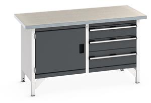 Bott Cubio Storage Workbench 1500mm wide x 750mm Deep x 840mm high supplied with a Linoleum worktop (particle board core with grey linoleum surface and plastic edgebanding), 3 x drawers (2 x 150mm & 1 x 200mm high) and 1 x 500mm high integral... 1500mm Wide Engineers Storage Benches with Cupboards & Drawers